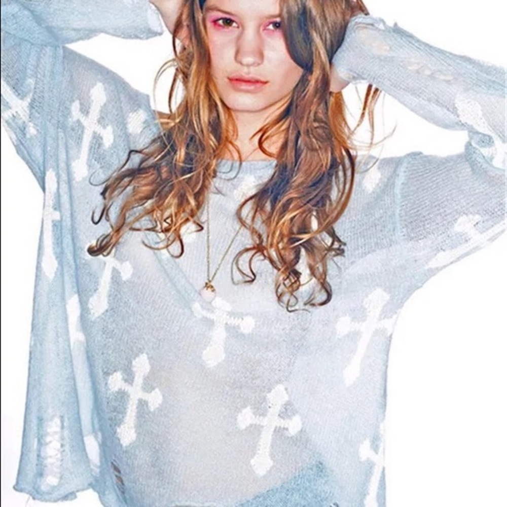 Wildfox White Label Distressed Cross Sweater